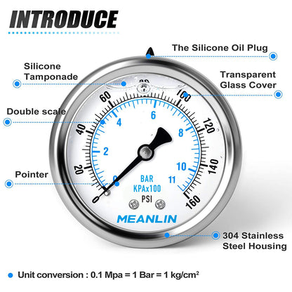 MEANLIN MEASURE 0~160Psi Stainless Steel 1/4" NPT 2.5" FACE DIAL Liquid Filled Pressure Gauge WOG Water Oil Air Center Back Mount, with 1/4" x 1/2" NPT and 1/4" x 3/8" NPT Hex Bushing