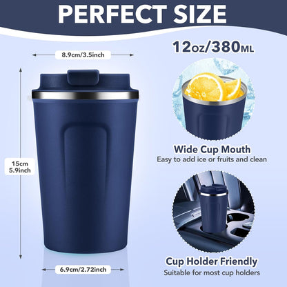 Volhoply 12 oz Double Wall Insulated Vacuum Travel Coffee Mug with Flip Lid Bulk 4 Pack,Reusable Stainless Steel Leak Proof Coffee Cups,Portable Cafe Thermal Tumbler for Hot & Cold Drinks(Navy,4 Set)