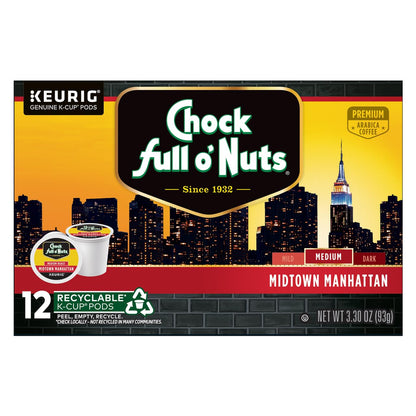 Chock Full o'Nuts Midtown Manhattan Coffee, Compatible with K-Cup Pods, 12 CT (Pack of 3)