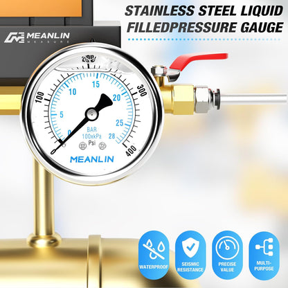 MEANLIN MEASURE 0~400Psi Liquid Filled Pressure Gauge Stainless Steel with 316 Stainless Steel Joint 1/4" NPT 2.5" FACE DIAL for Air Compressor Air Regulator Water Filter Center Back Mount