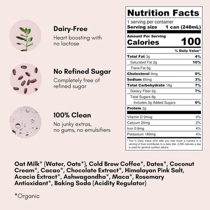 Pop & Bottle, Oat Milk Lattes - Cold Brew with Adaptogens, Maca, Ashwagandha, MCT Oil, Oat Milk, Organic, Dairy Free, Gluten Free, Great as Iced Coffee, Lightly Sweetened with Dates - Mocha, 8 Fl Oz (12 Pack)