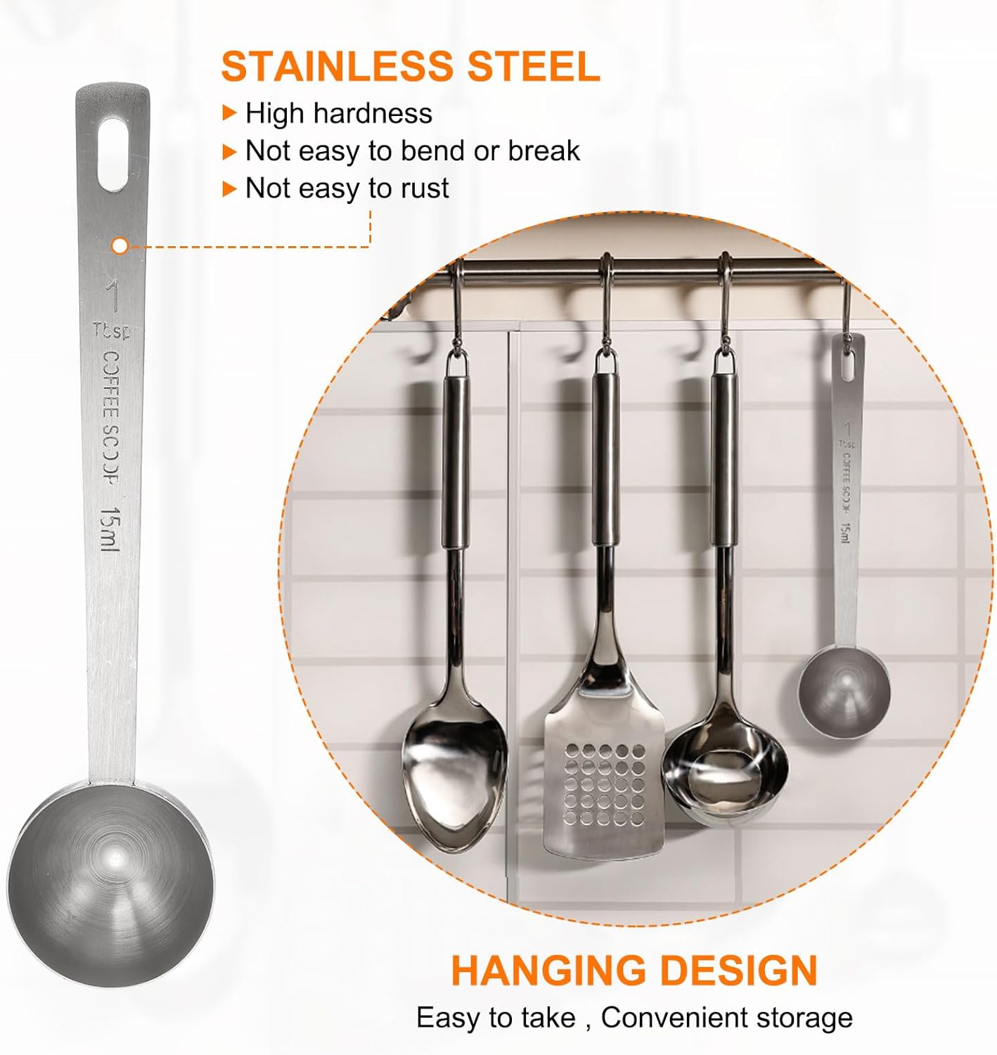 HARFINGTON Coffee Scoop Spoon 1tbsp (3tsp, 15ml) 304 Stainless Steel Long Handle Teaspoon/Tablespoon Measuring Spoons Scoops for Tea Sugar Kitchen, Silver