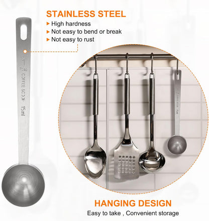 HARFINGTON Coffee Scoop Spoon 1tbsp (3tsp, 15ml) 304 Stainless Steel Long Handle Teaspoon/Tablespoon Measuring Spoons Scoops for Tea Sugar Kitchen, Silver