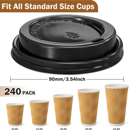 240 Pack Disposable Coffee Cup lids, 3.54'' Leak-Proof Disposable Plastic Cup Lids for 10, 12, 16, 20oz Paper Cups, Hot/Cold Drinking Cup Lids, Black