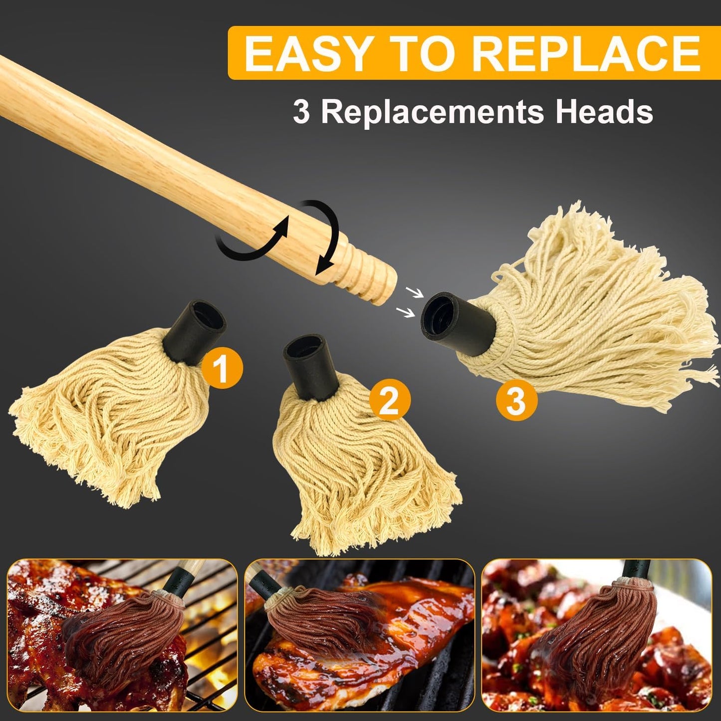 Walfos BBQ Mop Brushes for Sauce, Grilling Basting Mop Wooden Long Handle with 3 Heads, for Grilling, Barbecue, Smoking Steak (18")