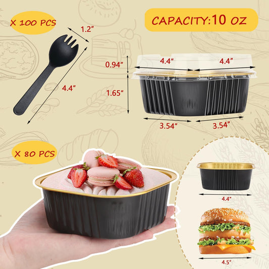 10oz/80pack Mini Cake Pans with Lids,LNYZQUS Small Foil Baking Tins Brownie Baking Cups,4”x4” Disposable Ramekins Jumbo Cupcake Muffin Pan Mini Aluminum Containers Holders-Black