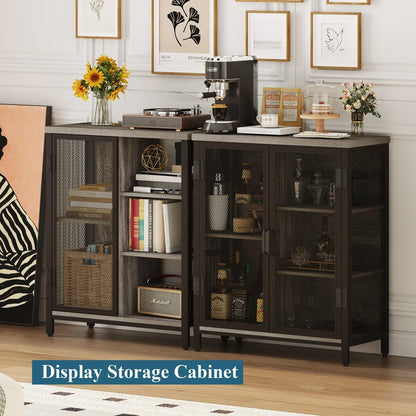 BON AUGURE Small Coffee Bar Cabinet for Liquor, Farmhouse Storage Cabinet with Doors, Wood Sideboard Buffet Cabinets for Home Kitchen, Dining Room, Living Room (Dark Grey Oak)