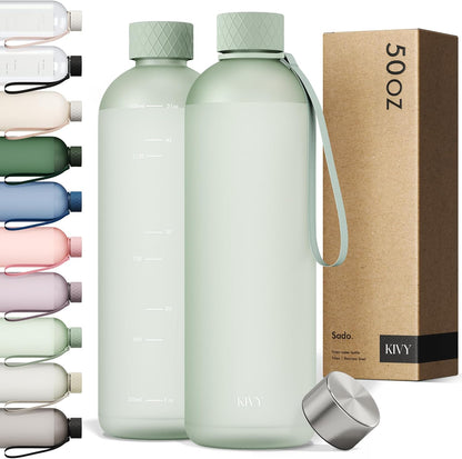 KIVY Large Water Bottle 50oz [Lightweight & Shatterproof] Fits Backpack & Cupholder for Travel, Sports, School - Extra large bottle no straw - 1.5 Liter bottles - 50oz Water bottle Green