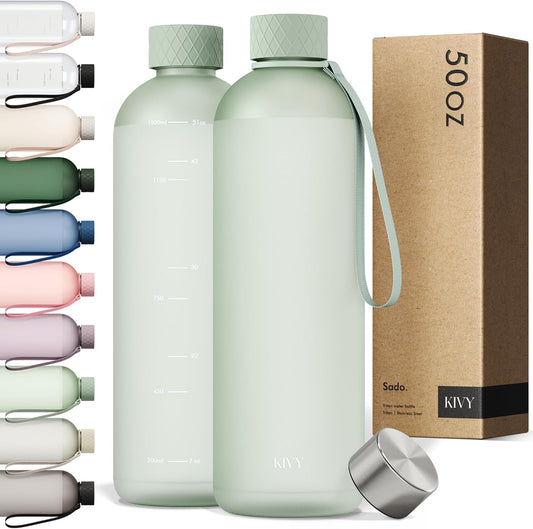 KIVY Large Water Bottle 50oz [Lightweight & Shatterproof] Fits Backpack & Cupholder for Travel, Sports, School - Extra large bottle no straw - 1.5 Liter bottles - 50oz Water bottle Green