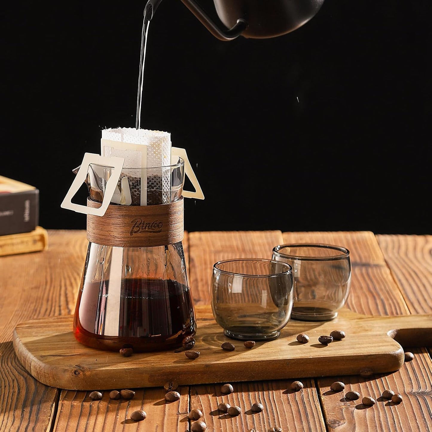 16 oz Glass Coffee Carafe with Wood Heat-Resistant Layer, Pour Over Coffee Carafe and Tea Steeper Coffee Decanter Coffee Server, 1 Pcs Included,(Smoky Gray)