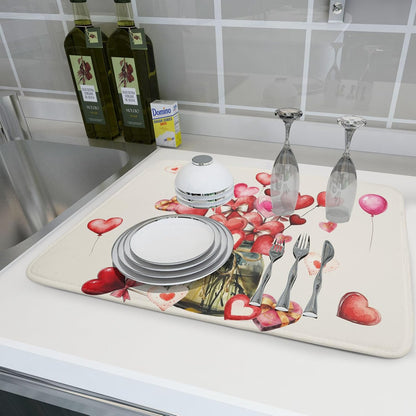 Valentine's Day Dish Drying Mat for Kitchen Counter,Red Love Canes Hearts Decorative Mason Jar Drying Mat 18 x 24 Inch with High Absorbent Microfiber Drainer Mat for Coffee Bar