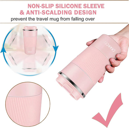 Travel Coffee Mug Spill Proof Leakproof 16 oz Insulated Coffee Mug with Screw Lid, Stainless Steel Vacuum Tumbler Reusable Thermal Coffee Cup to go for Hot and Cold Drinks -510ml,Pink