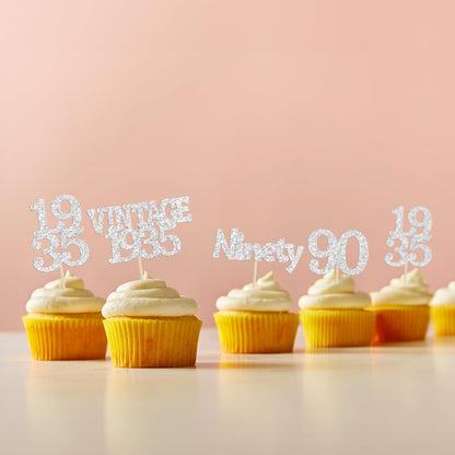 Gyufise 24Pcs 90th Birthday Cupcake Toppers Glitter Cheers to 90 Fabulous Ninety Vintage 1935 Cupcake Picks 90th Birthday Wedding Anniversary Party Cake Decorations Supplies Silver