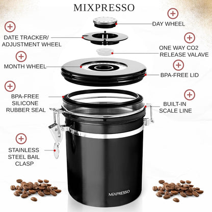 Mixpresso 16 Oz Black Coffee Canister, Stainless Steel Airtight Coffee Container, Air tight Jar Tea Storage with Date Tracker, Vacuum Sealed Espresso Airtight Canister, Sugar Container for Home