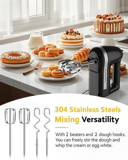 Electric Hand Mixer, Powerful 300W Hand Mixer Electric Handheld with 304 Beaters, Dough Hook,Hand Held Mixer with Turbo for Baking Cakes, Eggs, Cream Food(Black)