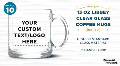Custom Libbey Clear Glass Coffee Mugs 13 oz. Set of 10, Personalized Bulk Pack - Perfect for Coffee, Tea, Espresso, Hot Cocoa, Other Beverages - Clear Bottom