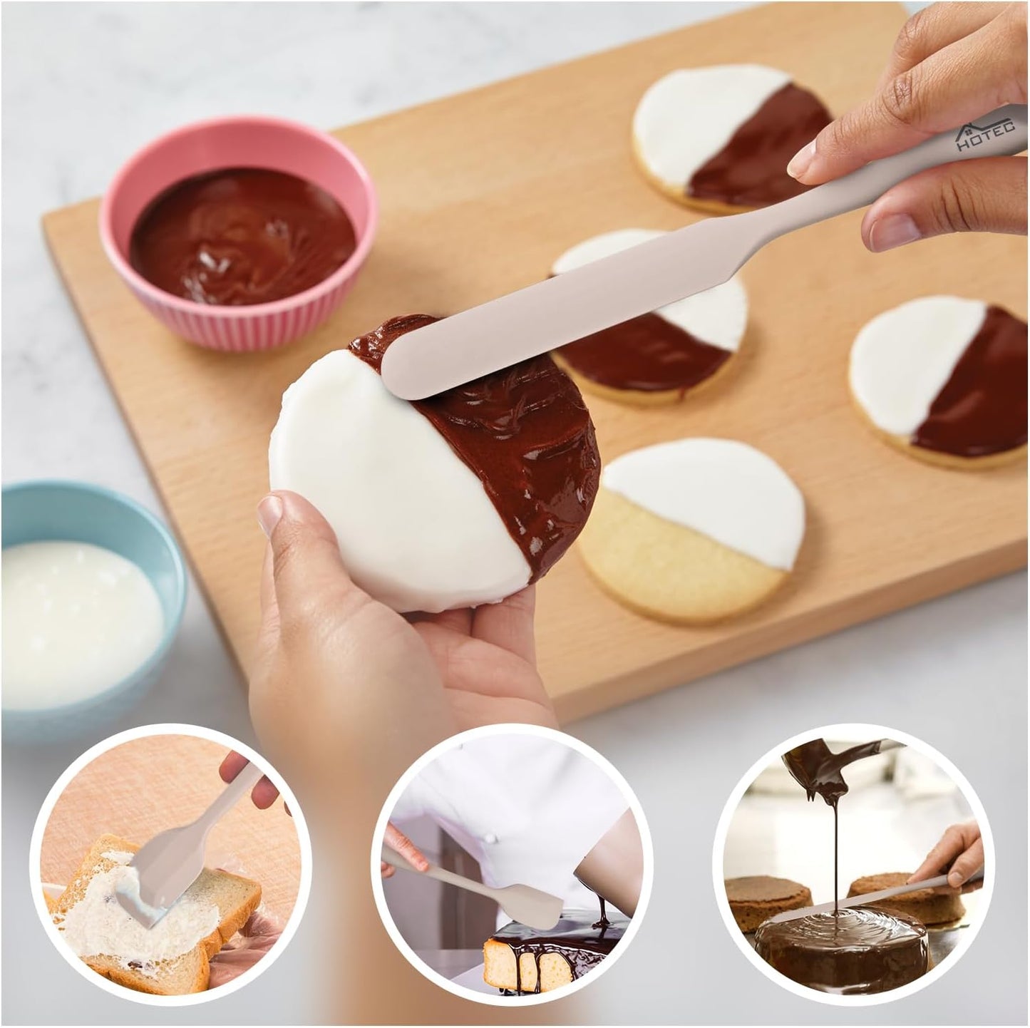 HOTEC 600℉ Heat Resistant BPA-Free Silicone Rubber Spatula Set,Kitchen Cooking Spatulas, Baking, Mixing for Non Stick Cookware, Dishwasher Safe, Set of 5, Khaki