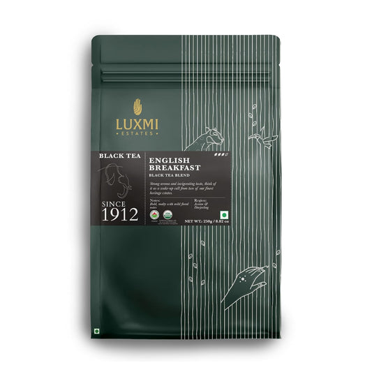Luxmi Estates English Breakfast Tea 250g Loose Leaf Tin | A Tale of Two Estates | Certified Organic Black Tea leaf | Smooth, Flavorful, Robust, Caffeinated | Darjeeling & Assam Tea from India | 125 Cups