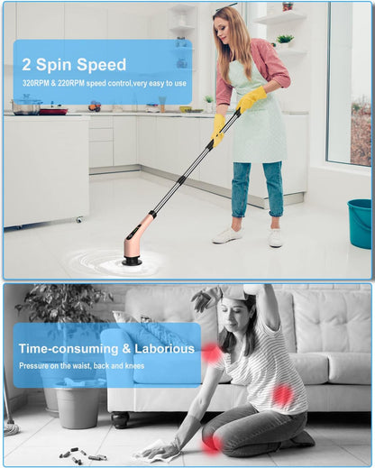 Leebein Electric Spin Scrubber, Cordless Powerful Scrub Brush for Cleaning Bathroom, Kitchen, Shower Tub and Floor Tile with Adjustable Extension Long Handle and 8 Replaceable Brush Heads(Rose)
