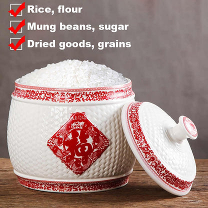Chinese Sealed Large-Capacity Rice Pot, Ceramic Rice Bucket With Tassel Design, Grain Storage Ceramic Container, Rice Dispenser Airtight Storage Bucket For Grains Snacks Candy Coffee Beans Food(D,Capa