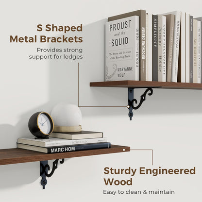 RICHFOCUS Floating Shelves for Wall Decor, 24Inch Wall Shelves Set of 2, 24W x 8D Floating Shelves Wall Mounted with Metal Brackets, Rustic Wood Shelves for Living Room Bedroom Kitchen, Walnut