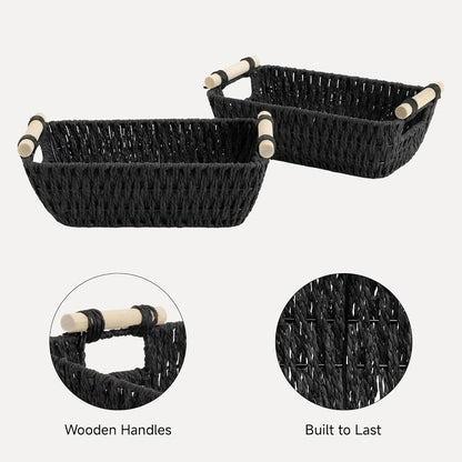 StorageWorks Black Wicker Storage Basket for Organizing with Wooden Handles, Small Woven Basket for Bathroom, Toilet Paper, 2-Pack