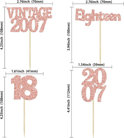 Gyufise 24Pcs 18th Birthday Cupcake Toppers Glitter Eighteen Vintage 2007 Hello 18 Years Birthday Cupcake Picks Adultish 18 Cake Decoration for Happy 18th Birthday Anniversary Party Supplies Rose Gold