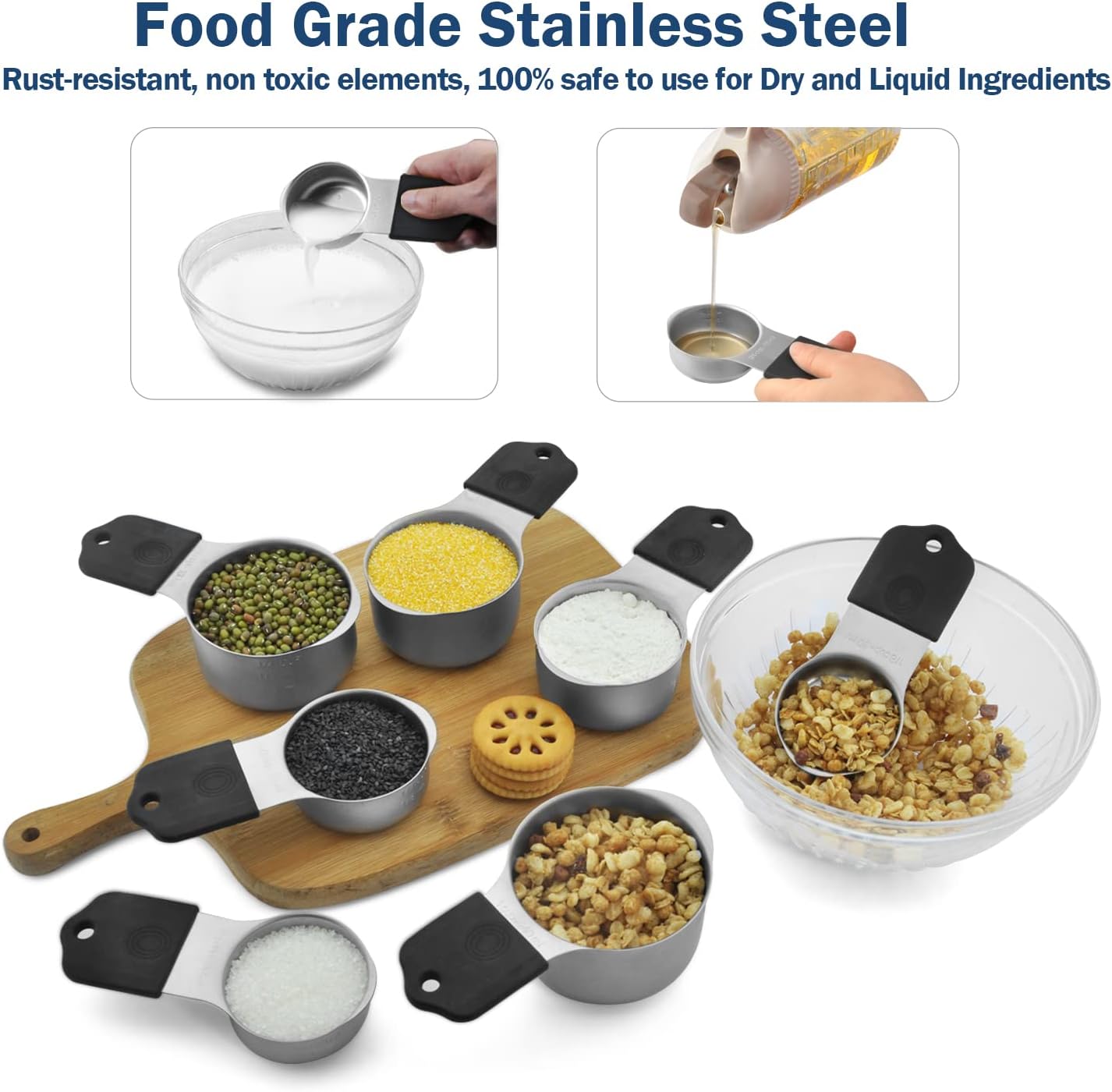 Magnetic Measuring Cups Set, 7 Pieces 18/8 Stainless Steel Stackable Nesting Heavy Duty Metal Measure Cups, Color Silicone Handle Kitchen Tools for Dry and Liquid Ingredients (14, Black)