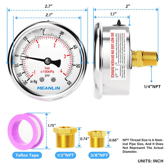 MEANLIN MEASURE -30inHG~60Psi Stainless Steel 1/4" NPT 2.5" FACE DIAL,Vacuum Pressure Gauge,Center Back Mount, with 1/4" x 1/2" NPT and 1/4" x 3/8" NPT Hex Bushing
