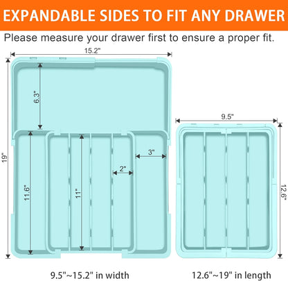 Silverware Organizer Expandable Silverware Drawer Organizer Adjustable Drawer Organizer, Flatware Cutlery Tray for Spoons Forks Knives Kitchen Organizers Storage,Turquoise