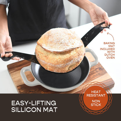 Enameled Cast Iron Dutch Oven for Sourdough Bread Baking | 6 Quart Pot with Lid | 10 Inch Ceramic Enamel Thick Coated Cookware Set with Non Stick Silicone Baking Mat for Cooking | 6 Qt | White