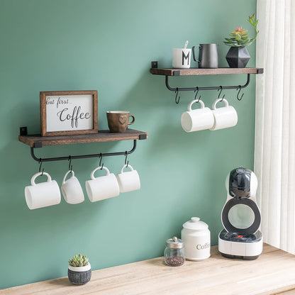 Mkono Mug Holder Wall Mounted Coffee Mug Rack Set of 2 Rustic Floating Shelf for Coffee Bar Accessories Wood Tea Cup Hooks Hanger for Organizing Cooking Utensils, Home Kitchen Decor, Brown