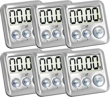Elegant Digital Kitchen Timer Stainless Steel - Silver - Strong Magnetic Back - Kickstand - Loud Alarm - Large Display - Auto Memory - Auto Shut-Off - Model eT-26 (Silver 6-Pack) by eTradewinds