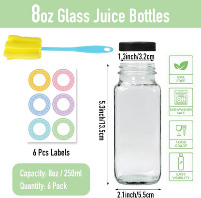 6 pack 8 oz Glass Juice Bottles with Lids, 250 ml Reusable Glass Water Bottles, Empty Drink Containers Drinking Jars with Brush, for Milk, Juicing, Kombucha, Ginger