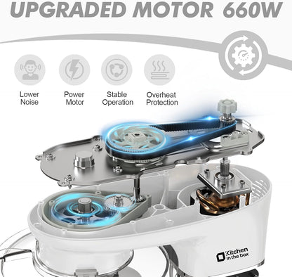 Kitchen in the box Stand Mixer, 6.5QT 660W Kitchen Electric Mixer, 6-Speed Tilt-Head Food Mixer with Dough Hook, Wire Whip, Beater, Dishwasher Safe (White)