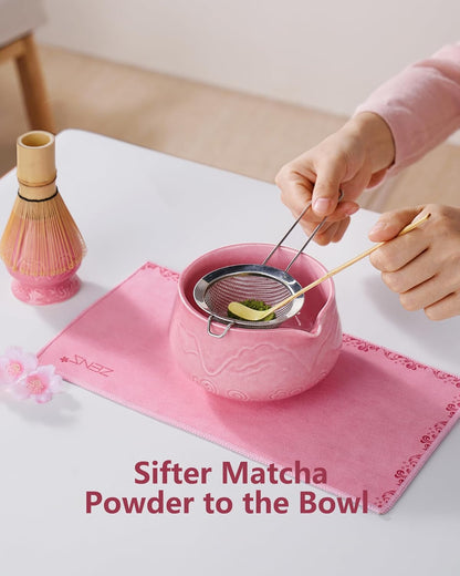 ZENS Pink Matcha Set, Matcha Whisk Set Includes 15oz Ceramic Bowl & (Chasen Holder), Bamboo Whisk & Scoop, Sifter and Pink Tea Towel, 6pcs Matcha Kit for Matcha Lovers