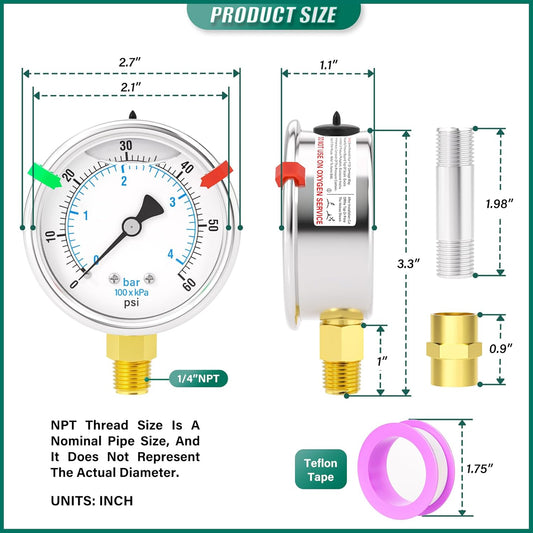 0-60PSI Heater Heavy Liquid Filled Pressure Gauge Kit, 2.5" Stainless Steel Dial Size, 1/4" NPT Lower Mount, for Low Pressure Portable Oil Fired Heaters (with Range Mark Pointer)