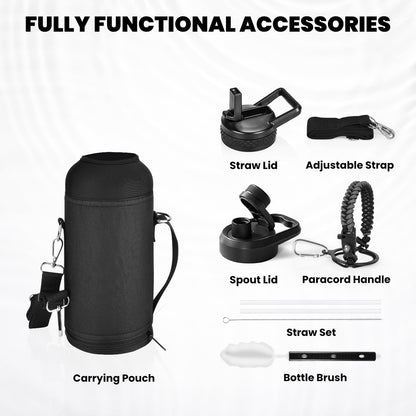Insulated Water Bottle 32 oz, Triple Wall Vacuum Stainless Steel (Cold for 48 Hrs), Leak Proof & Non-BPA, Modern Water Flask Jug with Paracord Handle & Straw Spout Lids, Dark Grey