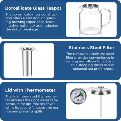 Aquach 68oz Glass Teapot with Built-in Thermometer, Stovetop & Dishwasher Safe, Borosilicate Carafe and Stainless Steel Removable Infuser
