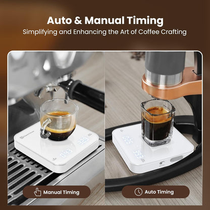 Rechargeable Mini Coffee Scale with Timer, Maestri House Espresso Scale, 2kg/0.1g Accurate Scale for Espresso and Pour-Over Coffee, Portable Digital Kitchen Scale with Automatic Timing（White）