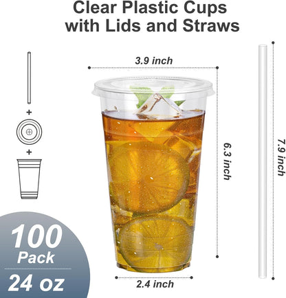 100 Pack - 24 oz Clear Plastic Cups with Lids and Straws, Sturdy & Food Safe Iced Coffee Cups with lids, Disposable Plastic Smoothie Cups for Cold Drinks