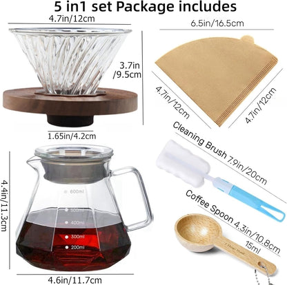 Pour Over Coffee Maker Set 20 oz, 600 ml Borosilicate Glass Coffee Server with Glass Lid, 50 pcs Paper Filter, Walnut Handle Pour Over Coffee Dripper for Home Café Restaurant, Clear