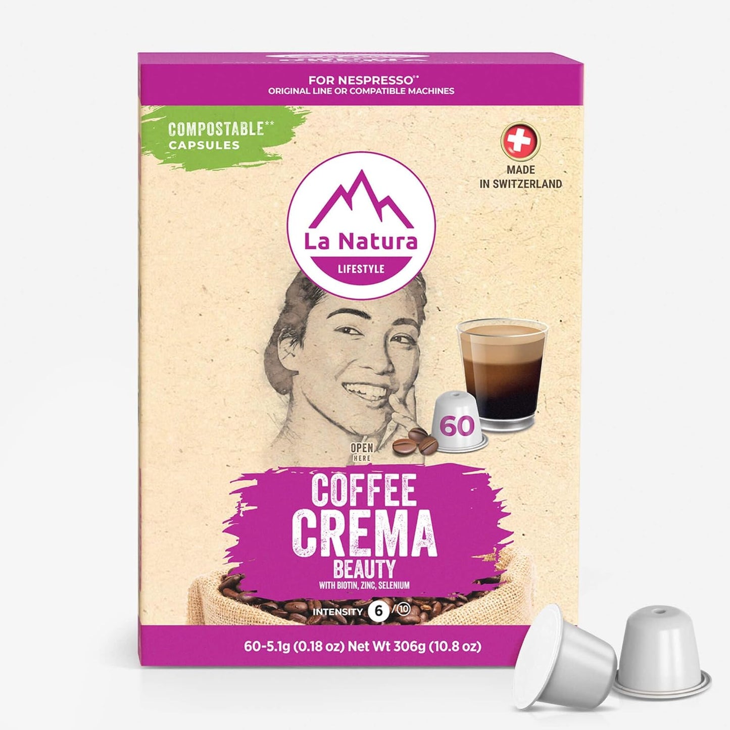 La Natura Lifestyle Beauty Coffee Pods - Crema Roast European-Style with Biotin, Zinc & Selenium for Hair, Skin & Nails Health - Compostable Nespresso Original Line Compatible Capsules - Pack of 60