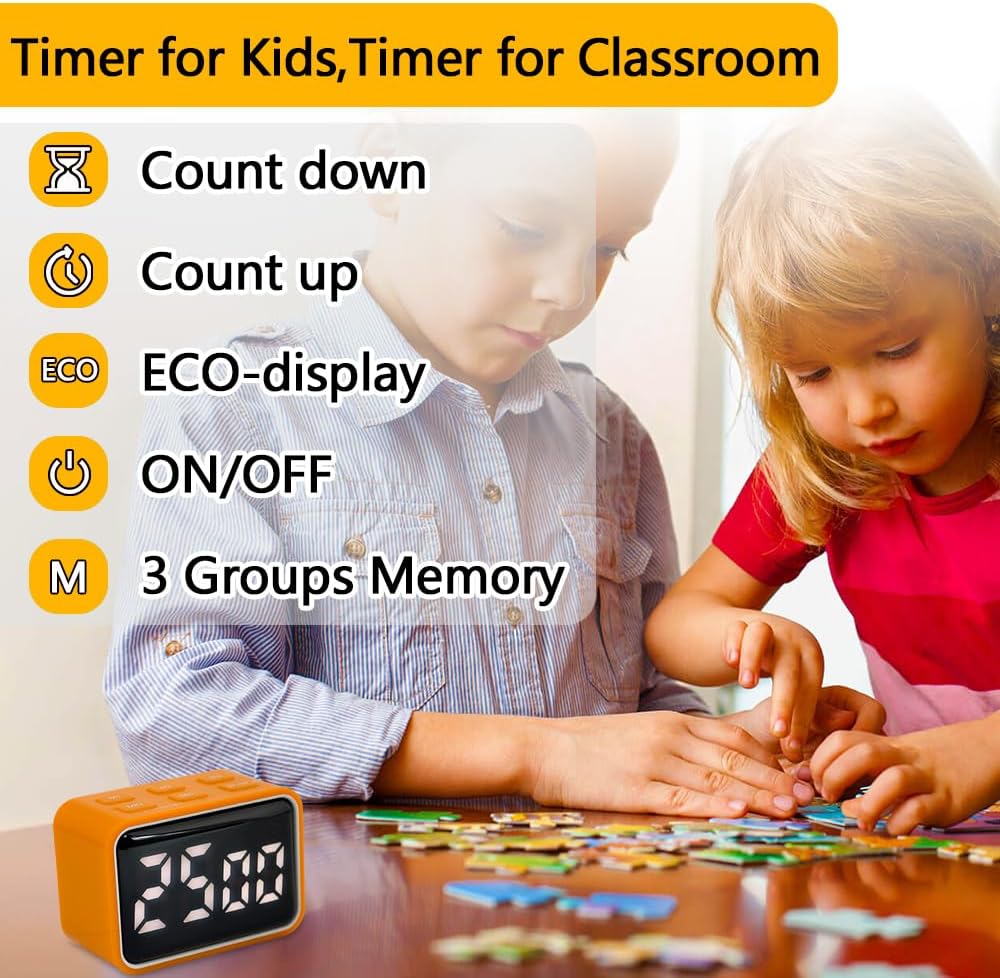 Digital Mini LED Timer, Rechargeable LED Countdown/Up Timer, 3 Pre-Set Memory Time Loud Alarm ON/Off Function, Ideal for Homework, Cooking, Classroom, Office, Kids Students (White)