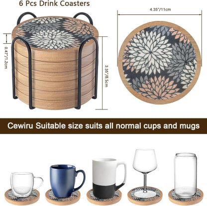 Wood Coasters Set of 6 with Holder, Cewiru Cup Mat for Drinks, Absorbent Coasters with Felt Insert for Coffee Table Protection, Modern Style Home Dining Table Decor, 4.3" Mix Brown