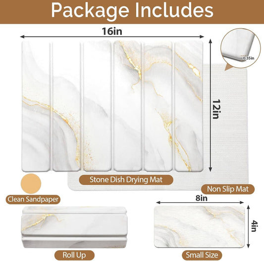 2 PCS Stone Dish Drying Mat for Kitchen Counter,Quick Dry Stone Dishes Mats,Marbled Water Absorbing Diatomaceous Earth Drying Pad for Countertop Bottles Utensils Cups(Gold White 16"×12" & 8"x4")