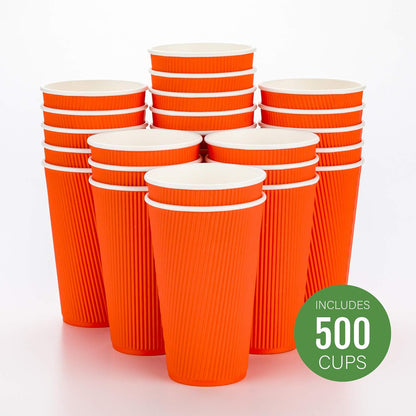 Restaurantware 16 Ounce Ripple Wall Disposable Coffee Cups, 500 Insulated Orange Paper Tumblers, Rolled Rim Design, Lids Sold Separately for Hot Drinks like Tea, Hot Chocolate and More