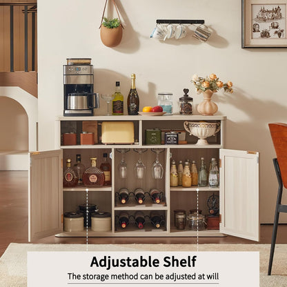 Lerliuo 47.2" Rattan Wine & Liquor Cabinet with 2 Doors, Boho Farmhouse Coffee Bar Station, Built-in Wine Racks & Storage, Adjustable Shelves for Living Room, Dining Room, Kitchen, Grey White