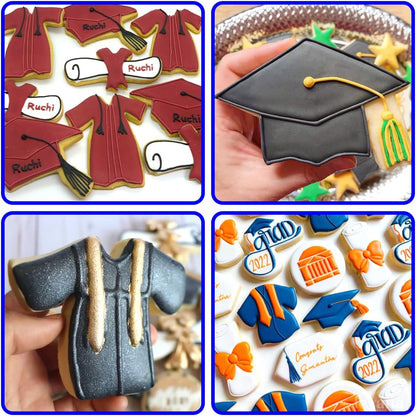 Graduation Cookie Cutters 6Pcs, Cap Gown Diploma Frame Medallion Shapes Cookie Cutter Mold, 304 Stainless Steel Biscuit Dough Fondant Cutters for Celebration Kitchen Baking