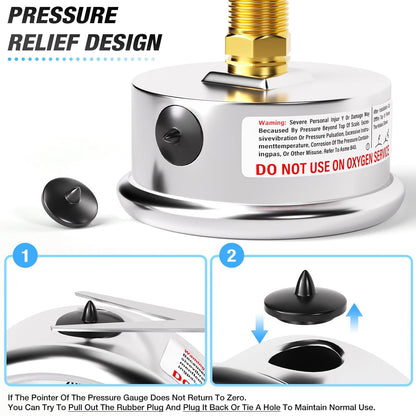 MEANLIN MEASURE 0~100Psi Liquid Filled Pressure Gauge 1/4" NPT 2.5" FACE DIAL Stainless Steel Glycerin Filled WOG Water Oil Air Back Mount (with 2PCS Snaps)
